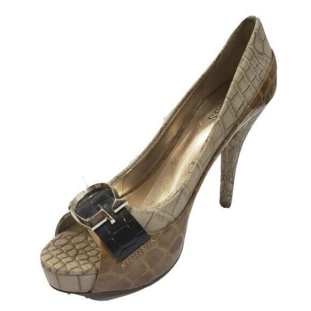 Guess Women Platform Pump Size 9.5 Brown Snakeskin Open Toe 5" heel EU40.5 UK7.5
